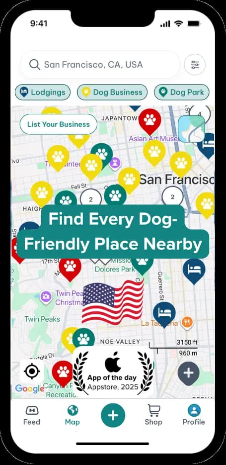 DogPack Map feature - Interactive map to discover dog parks, trails, cafés, beaches, hotels, and services nearby