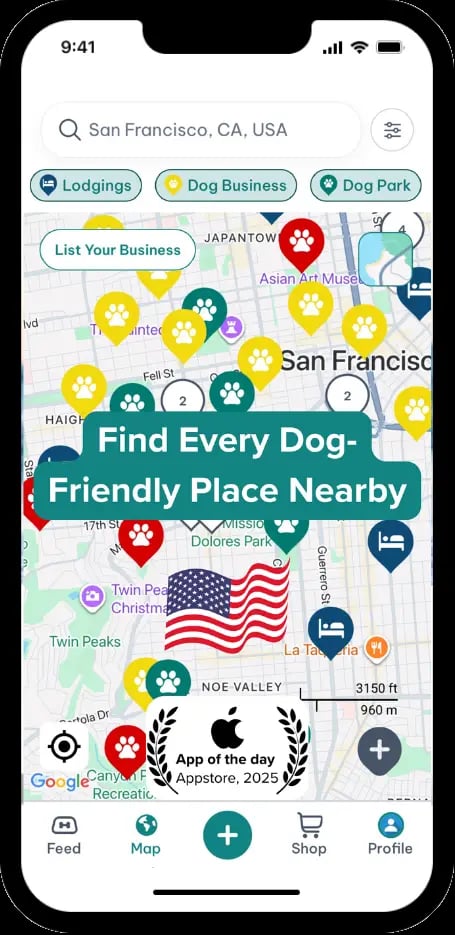 DogPack Map feature - Interactive map to discover dog parks, trails, cafés, beaches, hotels, and services nearby