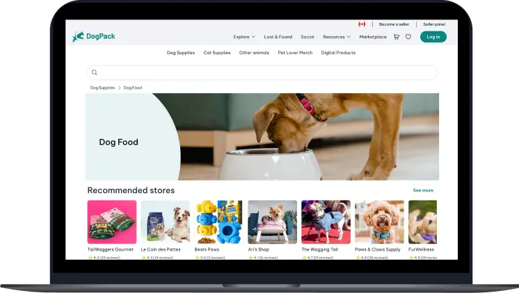 DogPack marketplace customer view showing product listings