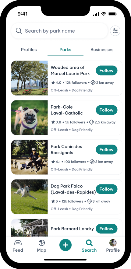 Dog park search preview for light and dark mode